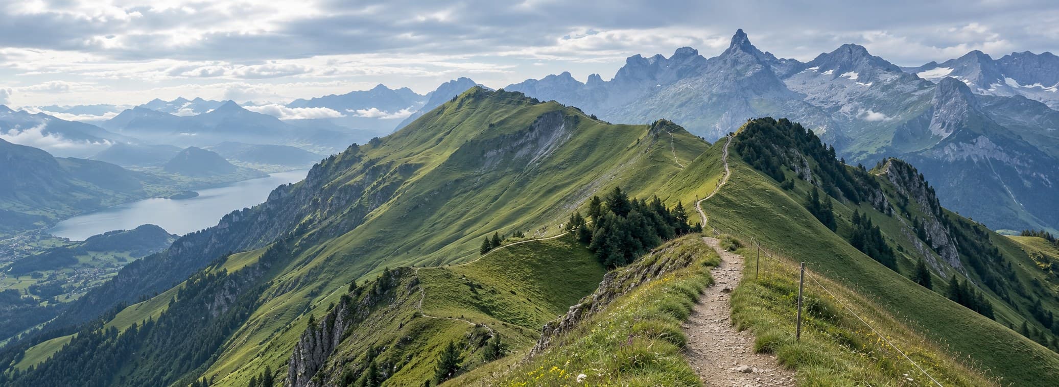 Ridgeline trail through green alpine hills, mountains in the distance