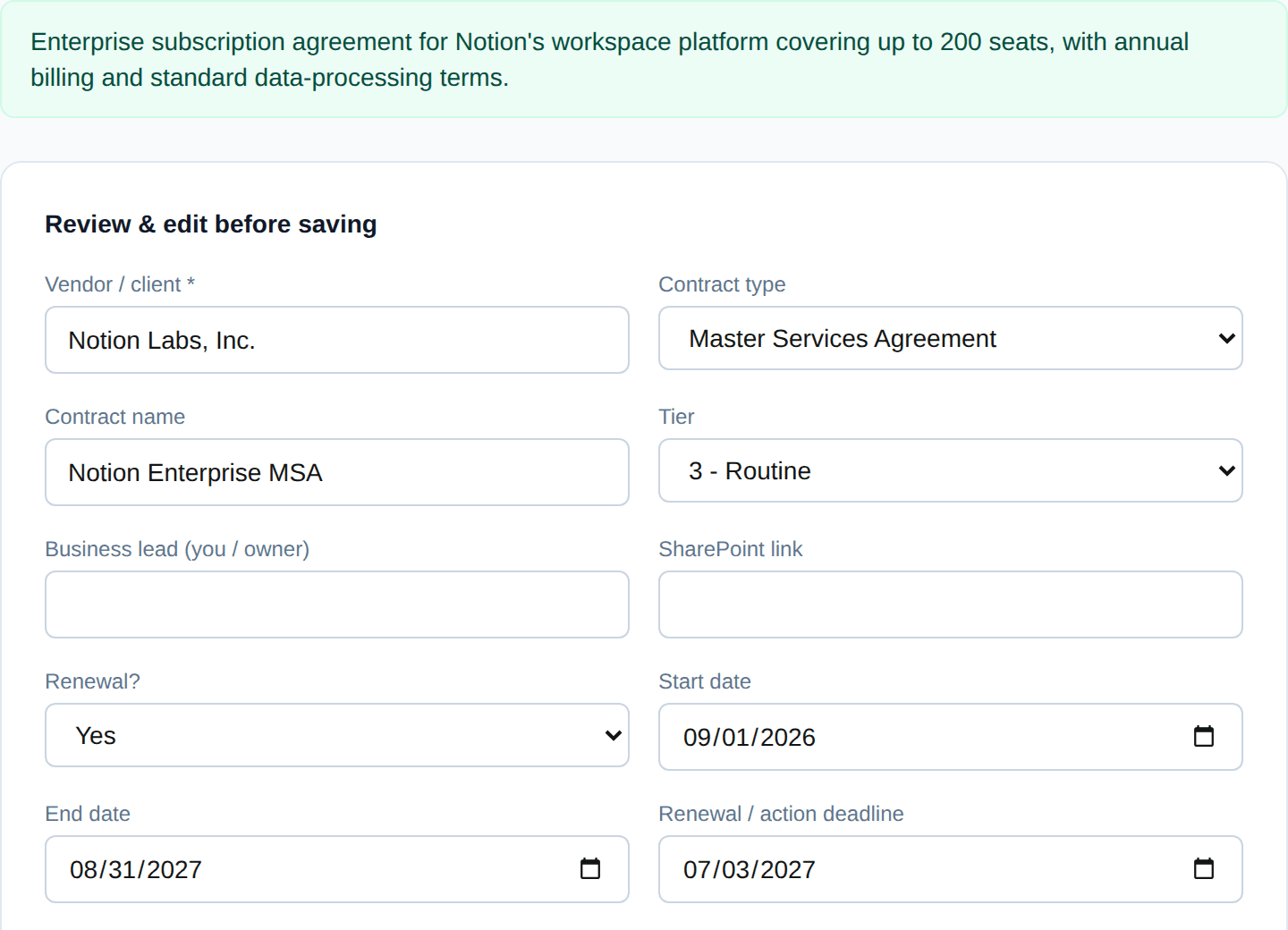 AI-extracted contract fields ready for review before saving